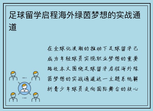 足球留学启程海外绿茵梦想的实战通道